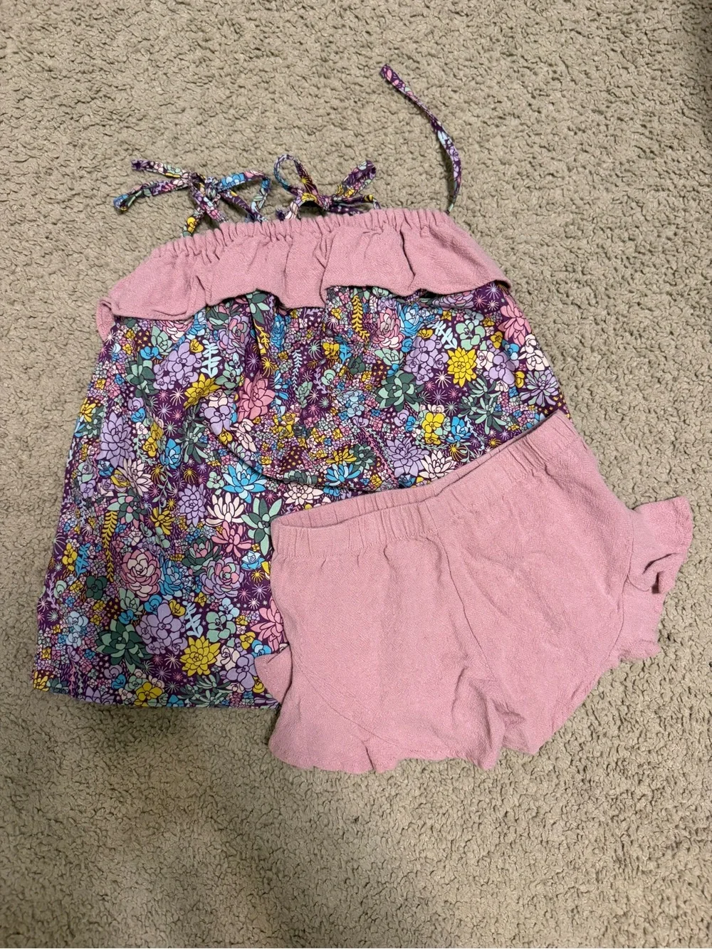 Girls Floral Pink Ruffled Tank + Pink Shorts Set